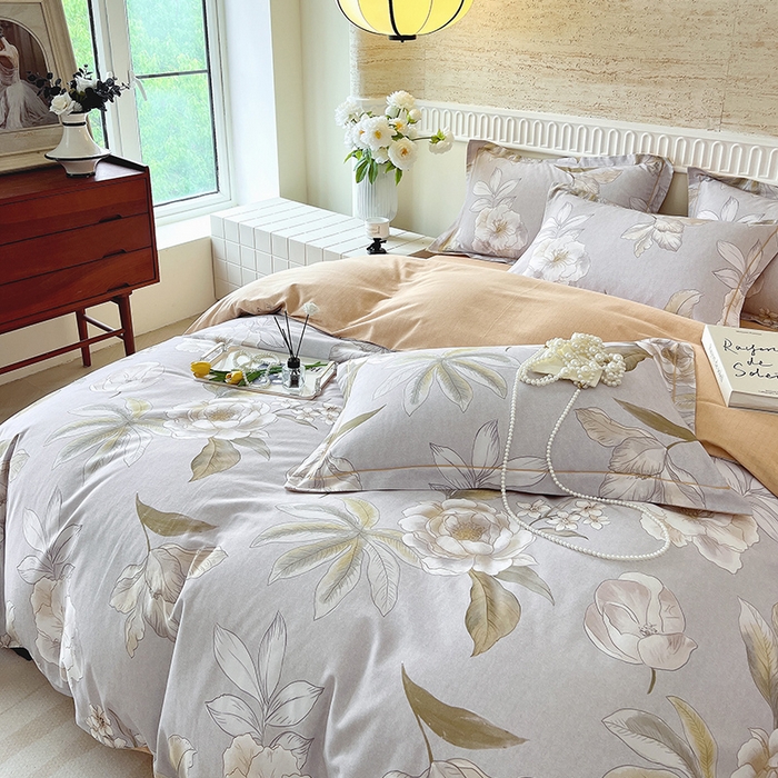 91家纺网 家纺一手货源 找家纺 梧桐树 2025新款全棉100%棉磨毛花卉简约系列四件套 林夕灰