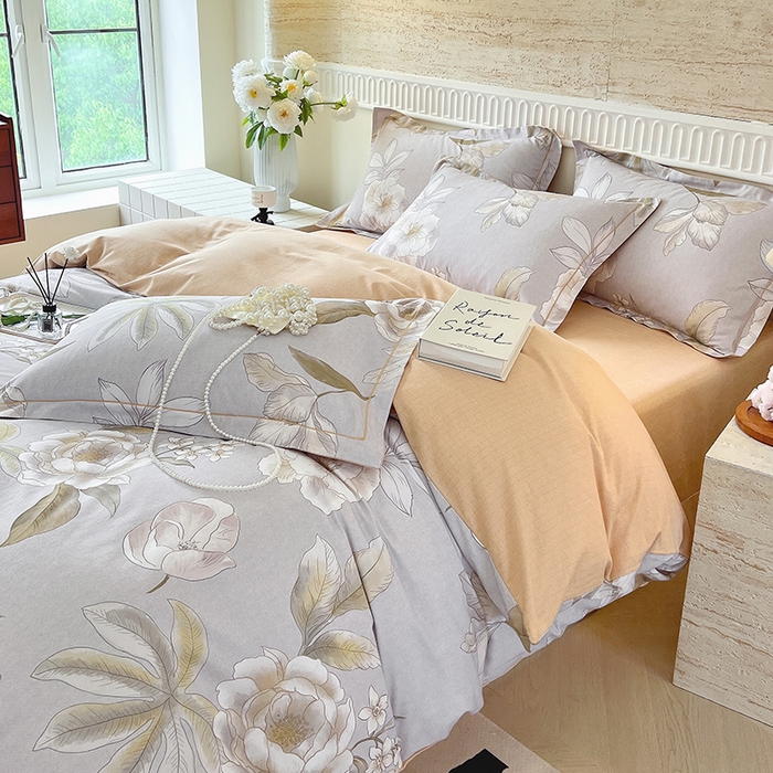 91家纺网 家纺一手货源 找家纺 梧桐树 2025新款全棉100%棉磨毛花卉简约系列四件套 林夕灰