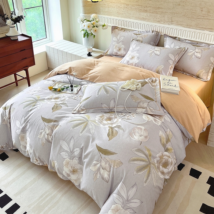 91家纺网 家纺一手货源 找家纺 梧桐树 2025新款全棉100%棉磨毛花卉简约系列四件套 林夕灰