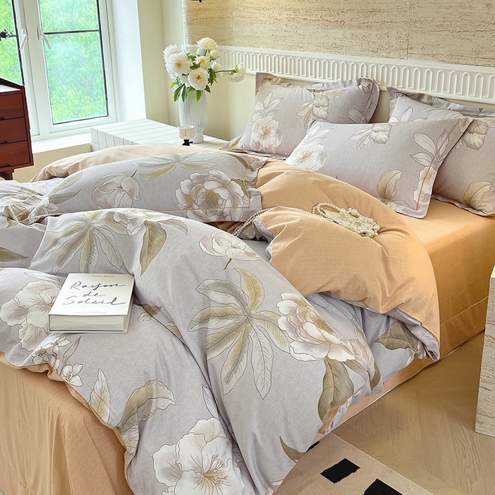 91家纺网 家纺一手货源 找家纺 梧桐树 2025新款全棉100%棉磨毛花卉简约系列四件套 林夕灰