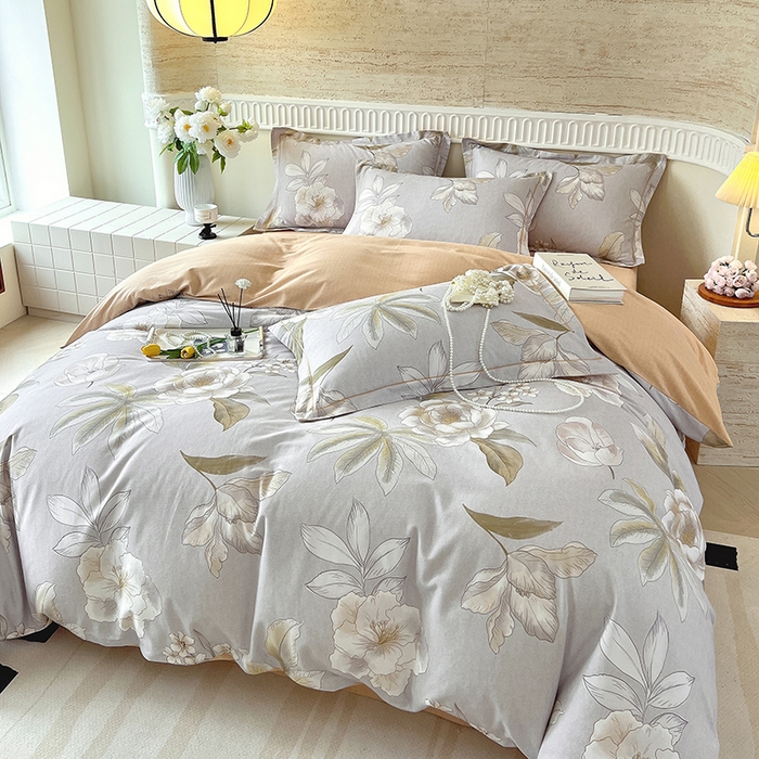 91家纺网 家纺一手货源 找家纺 梧桐树 2025新款全棉100%棉磨毛花卉简约系列四件套 林夕灰