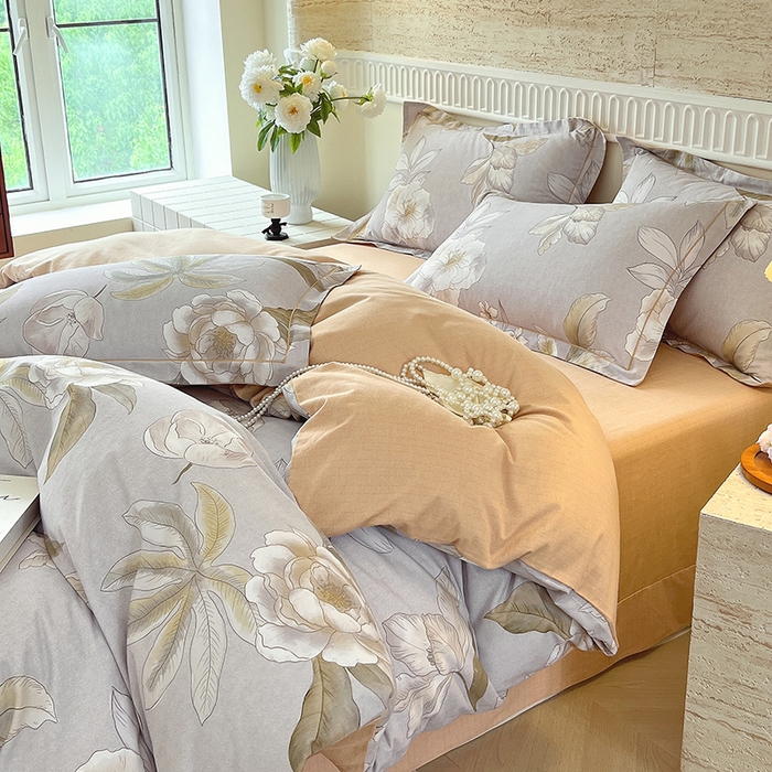 91家纺网 家纺一手货源 找家纺 梧桐树 2025新款全棉100%棉磨毛花卉简约系列四件套 林夕灰