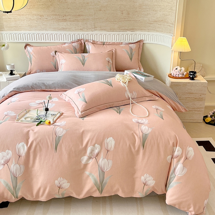 91家纺网 家纺一手货源 找家纺 梧桐树 2025新款全棉100%棉磨毛花卉简约系列四件套 琳娜粉