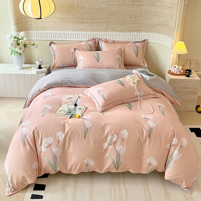 91家纺网 家纺一手货源 找家纺 梧桐树 2025新款全棉100%棉磨毛花卉简约系列四件套 琳娜粉