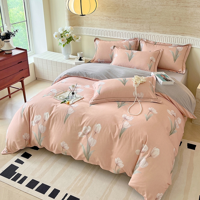 91家纺网 家纺一手货源 找家纺 梧桐树 2025新款全棉100%棉磨毛花卉简约系列四件套 琳娜粉