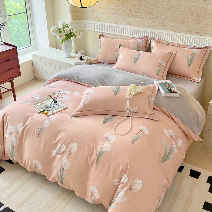 91家纺网 家纺一手货源 找家纺 梧桐树 2025新款全棉100%棉磨毛花卉简约系列四件套 琳娜粉