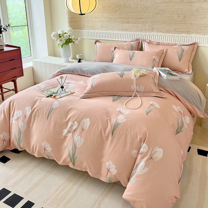 91家纺网 家纺一手货源 找家纺 梧桐树 2025新款全棉100%棉磨毛花卉简约系列四件套 琳娜粉