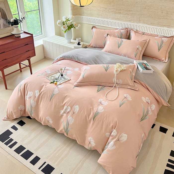 91家纺网 家纺一手货源 找家纺 梧桐树 2025新款全棉100%棉磨毛花卉简约系列四件套 琳娜粉