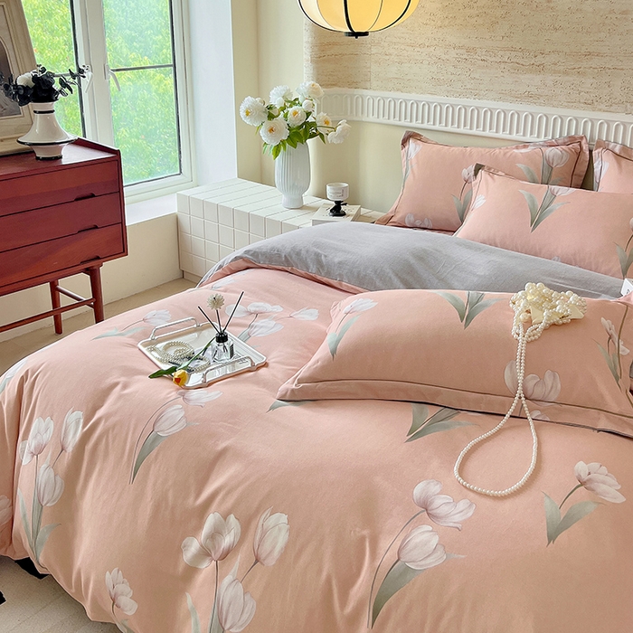 91家纺网 家纺一手货源 找家纺 梧桐树 2025新款全棉100%棉磨毛花卉简约系列四件套 琳娜粉