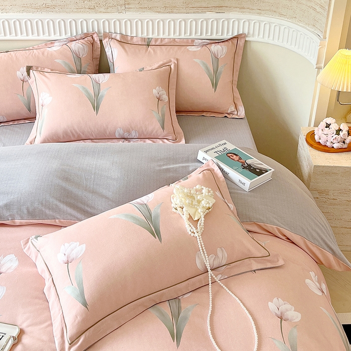 91家纺网 家纺一手货源 找家纺 梧桐树 2025新款全棉100%棉磨毛花卉简约系列四件套 琳娜粉