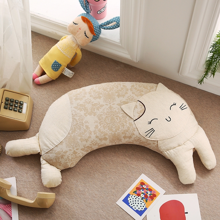 91家纺网 家纺一手货源 找家纺 蔻眠 棉麻可爱猫卡通荞麦护颈枕芯儿童学生成人枕头 棉麻可爱猫-米色