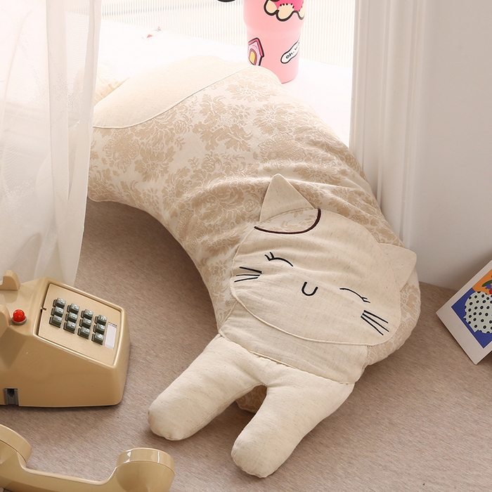 91家纺网 家纺一手货源 找家纺 蔻眠 棉麻可爱猫卡通荞麦护颈枕芯儿童学生成人枕头 棉麻可爱猫-米色