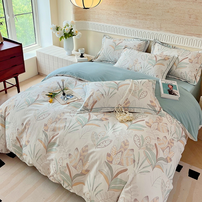 91家纺网 家纺一手货源 找家纺 梧桐树 2025新款全棉100%棉磨毛花卉简约系列四件套 麦吉 绿