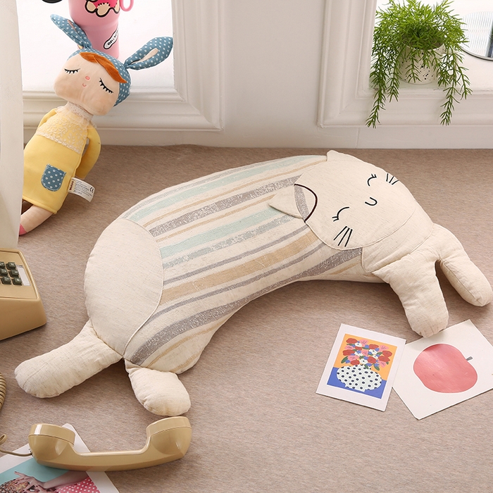 蔻眠 棉麻可爱猫卡通荞麦护颈枕芯儿童学生成人枕头 棉麻可爱猫-蓝咖