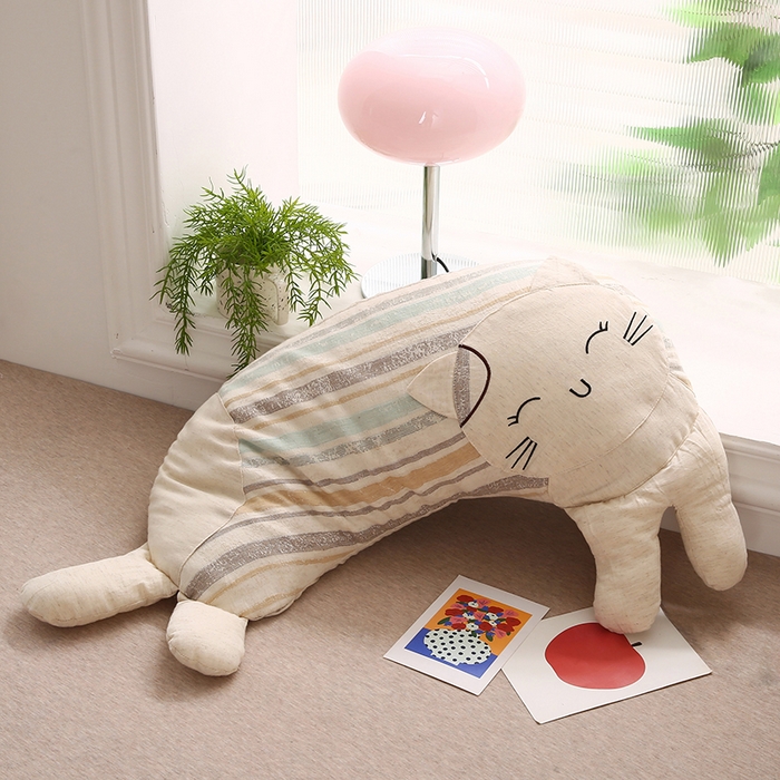 91家纺网 家纺一手货源 找家纺 蔻眠 棉麻可爱猫卡通荞麦护颈枕芯儿童学生成人枕头 棉麻可爱猫-蓝咖