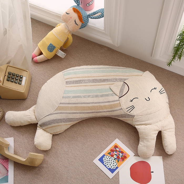 91家纺网 家纺一手货源 找家纺 蔻眠 棉麻可爱猫卡通荞麦护颈枕芯儿童学生成人枕头 棉麻可爱猫-蓝咖