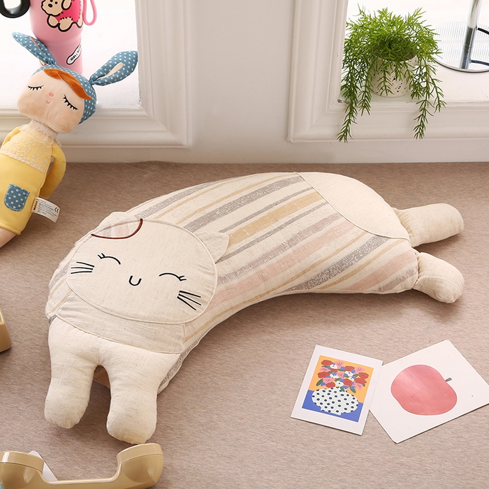 蔻眠 棉麻可爱猫卡通荞麦护颈枕芯儿童学生成人枕头 棉麻可爱猫-粉咖