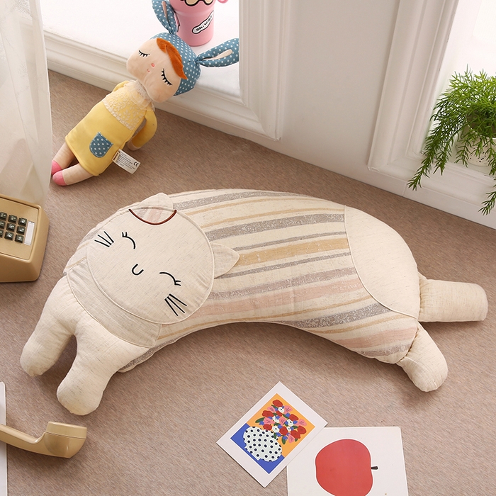 91家纺网 家纺一手货源 找家纺 蔻眠 棉麻可爱猫卡通荞麦护颈枕芯儿童学生成人枕头 棉麻可爱猫-粉咖