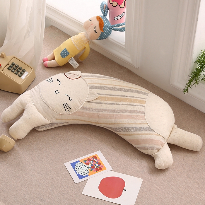 91家纺网 家纺一手货源 找家纺 蔻眠 棉麻可爱猫卡通荞麦护颈枕芯儿童学生成人枕头 棉麻可爱猫-粉咖