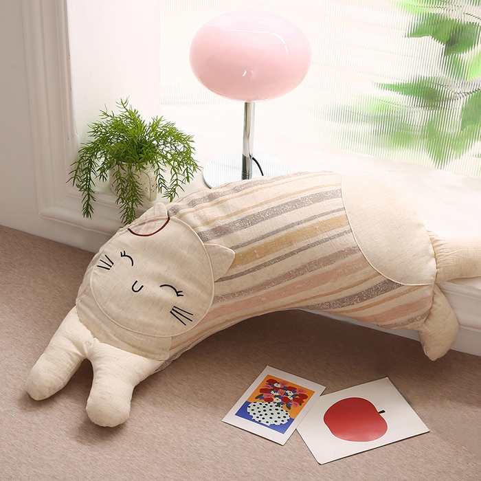 91家纺网 家纺一手货源 找家纺 蔻眠 棉麻可爱猫卡通荞麦护颈枕芯儿童学生成人枕头 棉麻可爱猫-粉咖