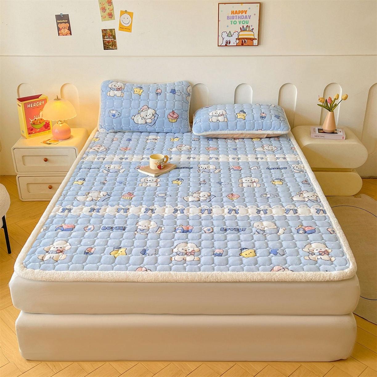 91家纺网 家纺一手货源 找家纺 雯豆家纺 2025新款加厚床垫床褥子牛奶绒床褥床护垫学生宿舍垫子铺底 牛奶绒床褥-奶蓝小狗