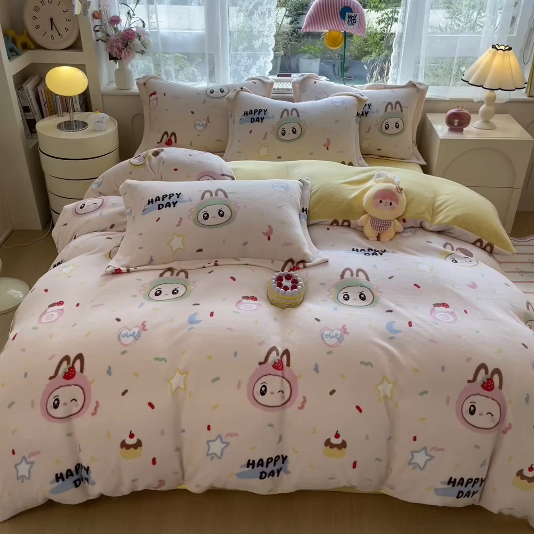 91家纺网 家纺一手货源 找家纺 （总）丝羽坊 2025新款200克加厚小清新牛奶绒床单款 床笠款四件套 被套