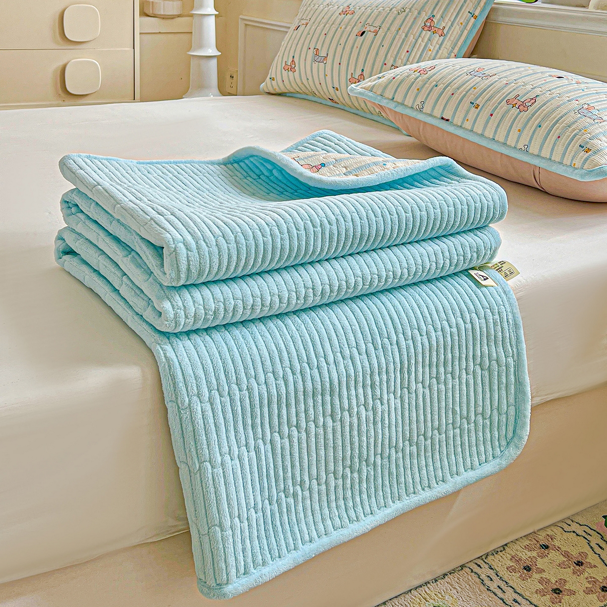 91家纺网 家纺一手货源 找家纺 恒尚居 2025新款学生床盖纯棉牛奶绒 正反两用夹棉床单床垫-秋冬款 四季通用-系列二 机灵旺仔【A纯棉-B宝宝绒】