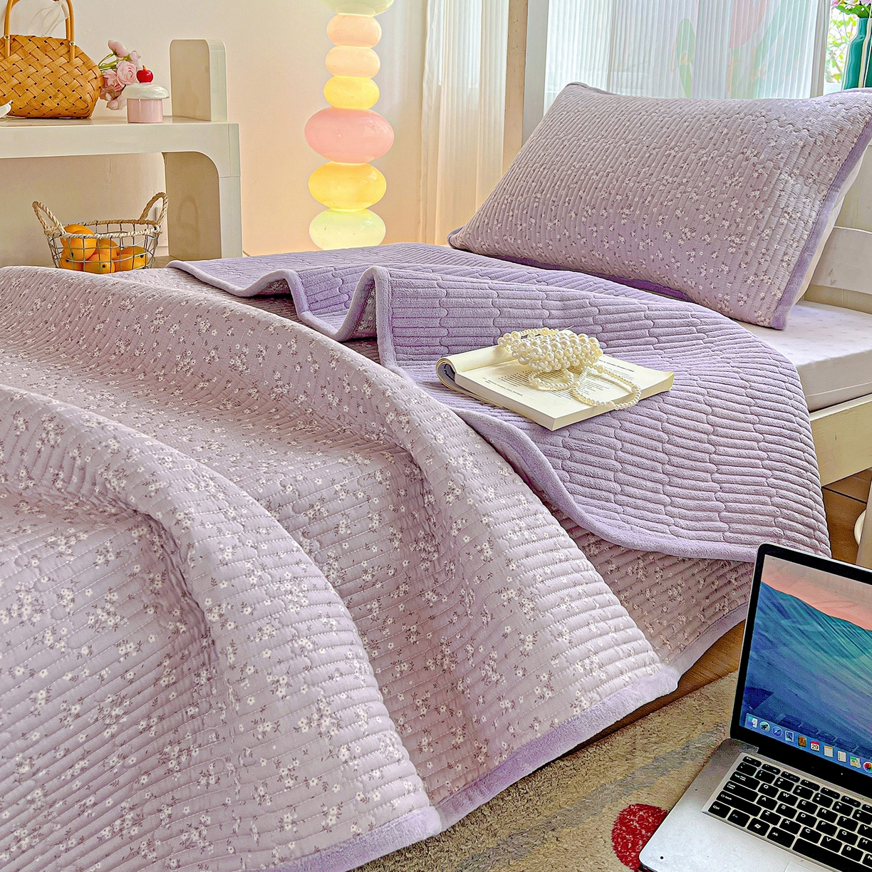 恒尚居 2025新款学生床盖纯棉牛奶绒 正反两用夹棉床单床垫-秋冬款 四季通用-系列二 花言【A纯棉-B宝宝绒】