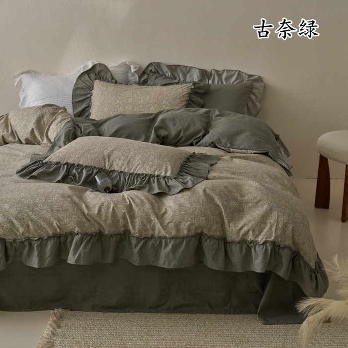 91家纺网 家纺一手货源 找家纺 漫仙阁家纺 2025新款秋冬新款复古风高端原麻四件套 古奈绿
