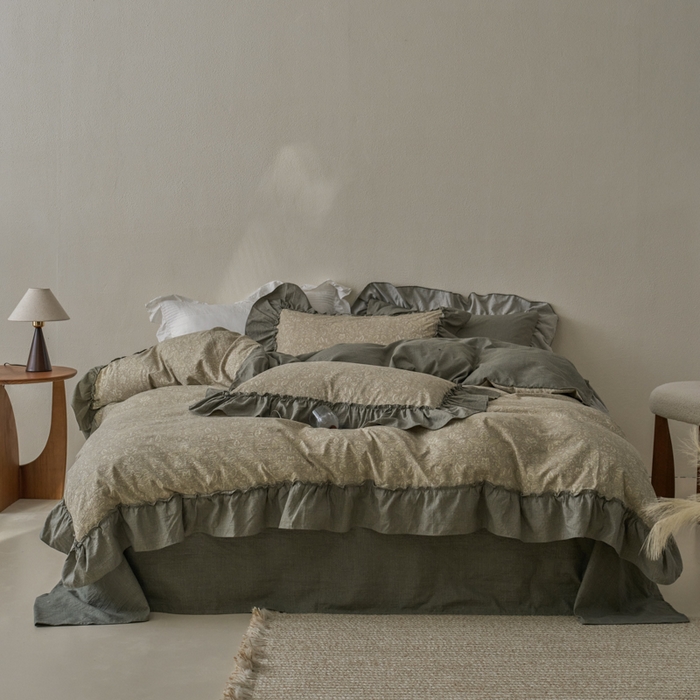 91家纺网 家纺一手货源 找家纺 漫仙阁家纺 2025新款秋冬新款复古风高端原麻四件套 古奈绿