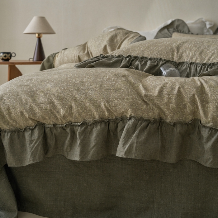 91家纺网 家纺一手货源 找家纺 漫仙阁家纺 2025新款秋冬新款复古风高端原麻四件套 古奈绿