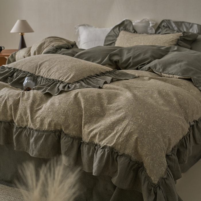 91家纺网 家纺一手货源 找家纺 漫仙阁家纺 2025新款秋冬新款复古风高端原麻四件套 古奈绿