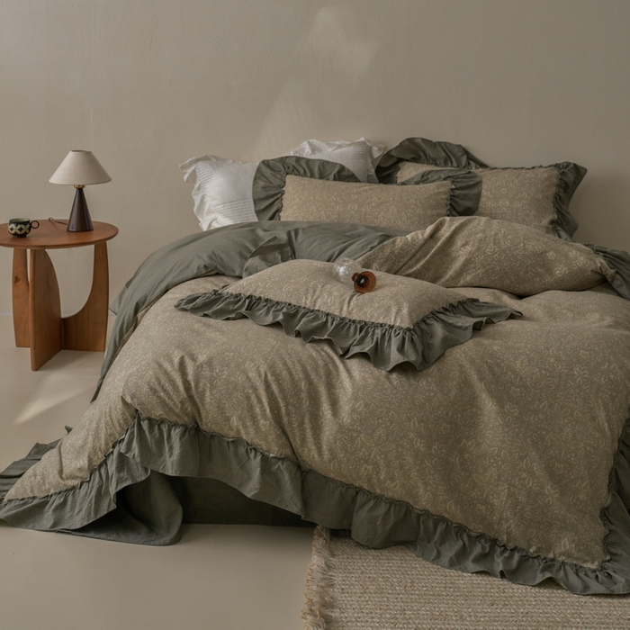 91家纺网 家纺一手货源 找家纺 漫仙阁家纺 2025新款秋冬新款复古风高端原麻四件套 古奈绿