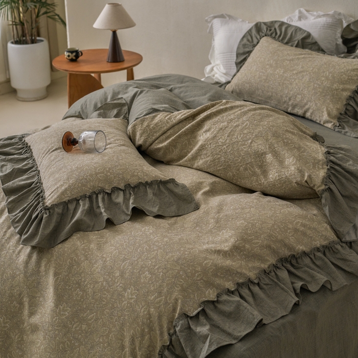 91家纺网 家纺一手货源 找家纺 漫仙阁家纺 2025新款秋冬新款复古风高端原麻四件套 古奈绿