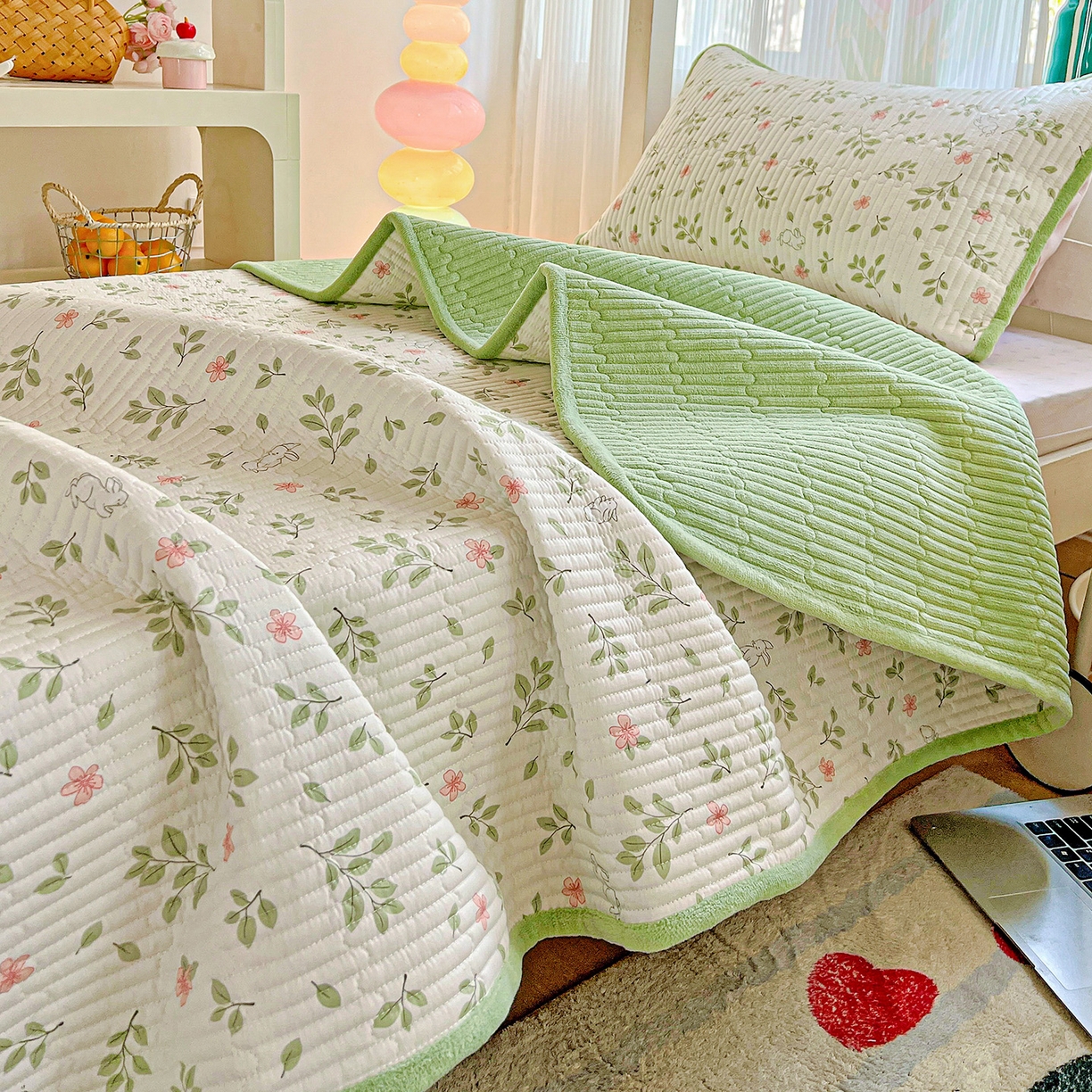 恒尚居 2025新款学生床盖纯棉牛奶绒 正反两用夹棉床单床垫-秋冬款 四季通用-系列二 清新雅韵【A纯棉-B宝宝绒】