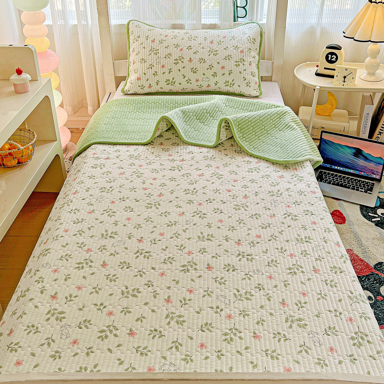 91家纺网 家纺一手货源 找家纺 恒尚居 2025新款学生床盖纯棉牛奶绒 正反两用夹棉床单床垫-秋冬款 四季通用-系列二 清新雅韵【A纯棉-B宝宝绒】