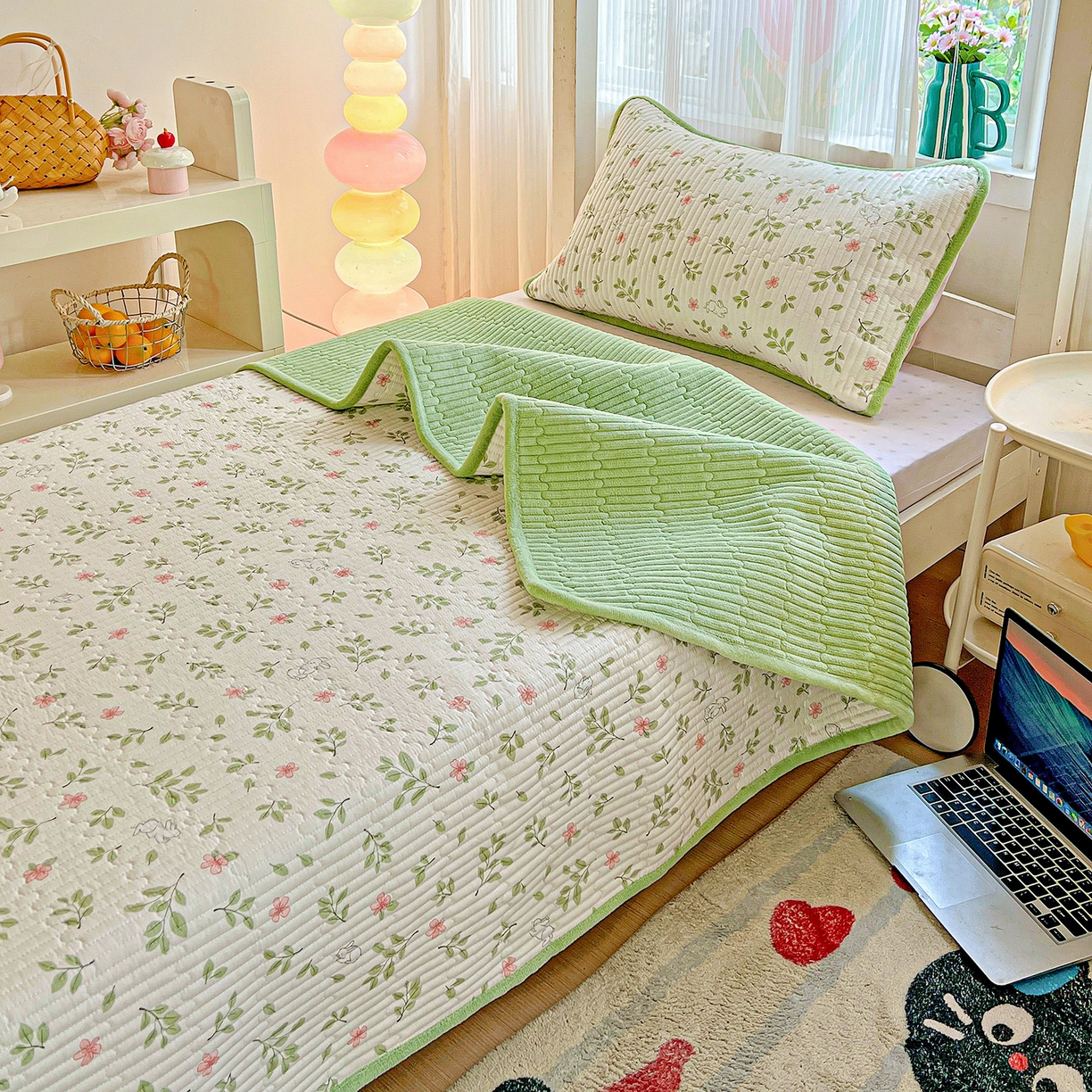 91家纺网 家纺一手货源 找家纺 恒尚居 2025新款学生床盖纯棉牛奶绒 正反两用夹棉床单床垫-秋冬款 四季通用-系列二 清新雅韵【A纯棉-B宝宝绒】