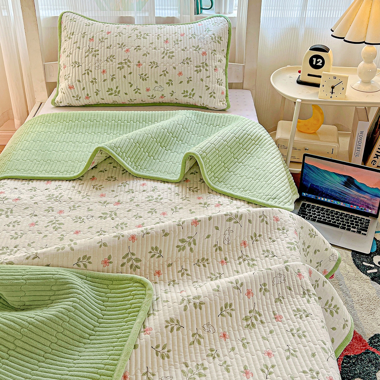 91家纺网 家纺一手货源 找家纺 恒尚居 2025新款学生床盖纯棉牛奶绒 正反两用夹棉床单床垫-秋冬款 四季通用-系列二 清新雅韵【A纯棉-B宝宝绒】