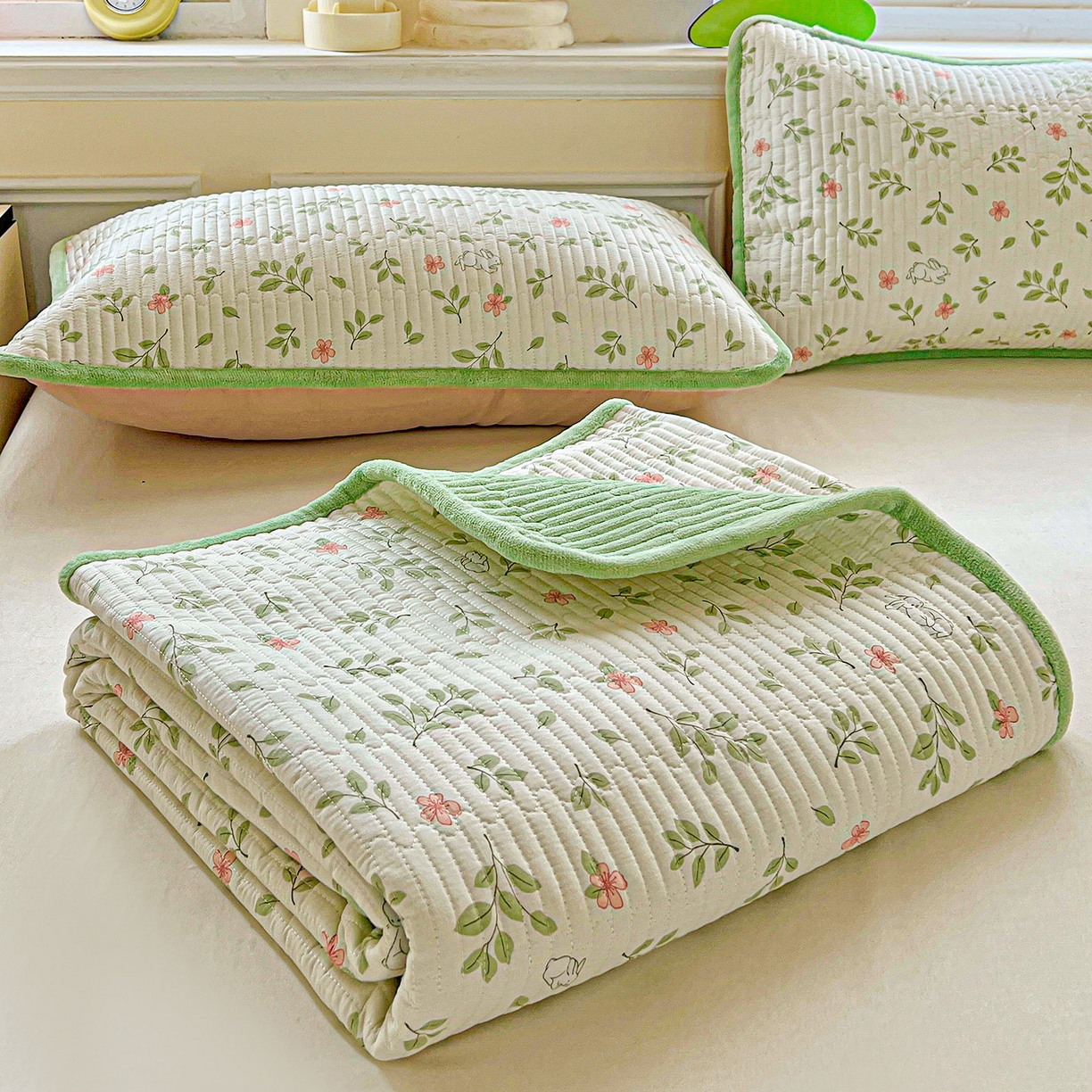 91家纺网 家纺一手货源 找家纺 恒尚居 2025新款学生床盖纯棉牛奶绒 正反两用夹棉床单床垫-秋冬款 四季通用-系列二 清新雅韵【A纯棉-B宝宝绒】