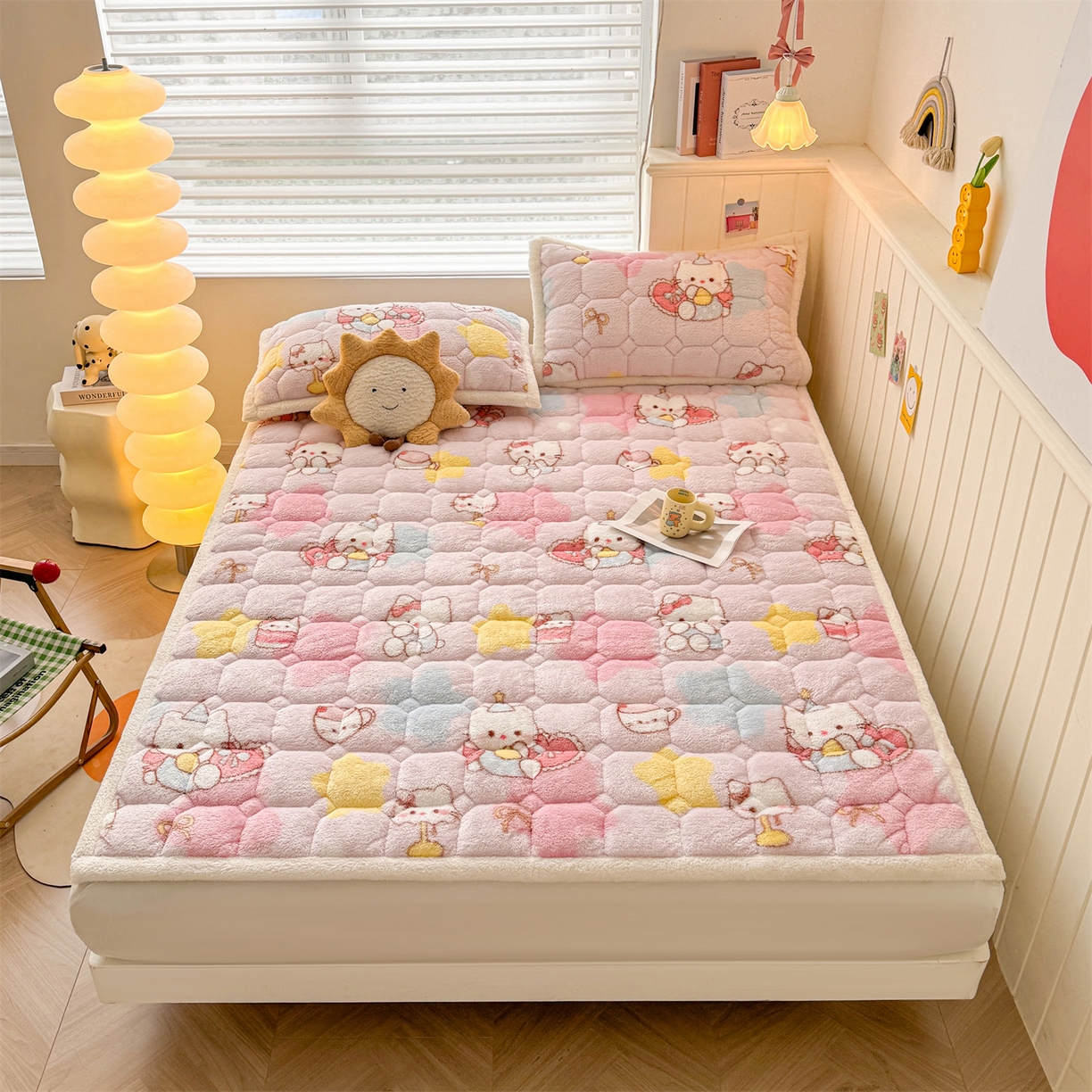 91家纺网 家纺一手货源 找家纺 雯豆家纺 2025新款泰迪绒夹棉床褥子学生宿舍床垫床护垫子加厚卡通保护垫 泰迪绒床褥-粉色KT