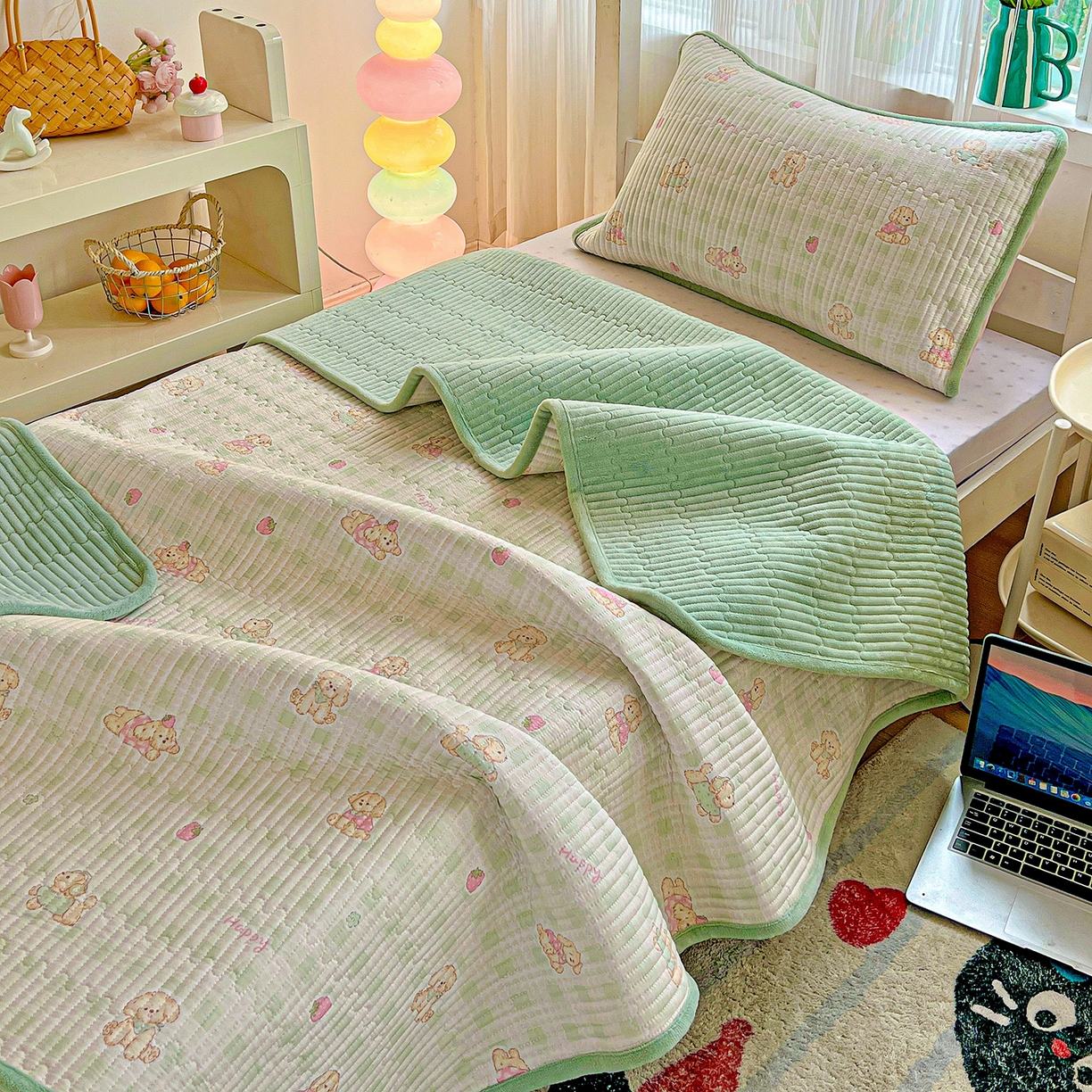 91家纺网 家纺一手货源 找家纺 恒尚居 2025新款学生床盖纯棉牛奶绒 正反两用夹棉床单床垫-秋冬款 四季通用-系列二 甜心旺旺【A纯棉-B宝宝绒】