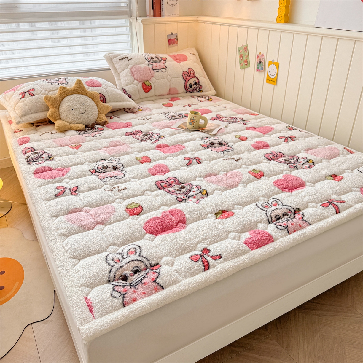 91家纺网 家纺一手货源 找家纺 雯豆家纺 2025新款泰迪绒夹棉床褥子学生宿舍床垫床护垫子加厚卡通保护垫 泰迪绒床褥-可爱布布