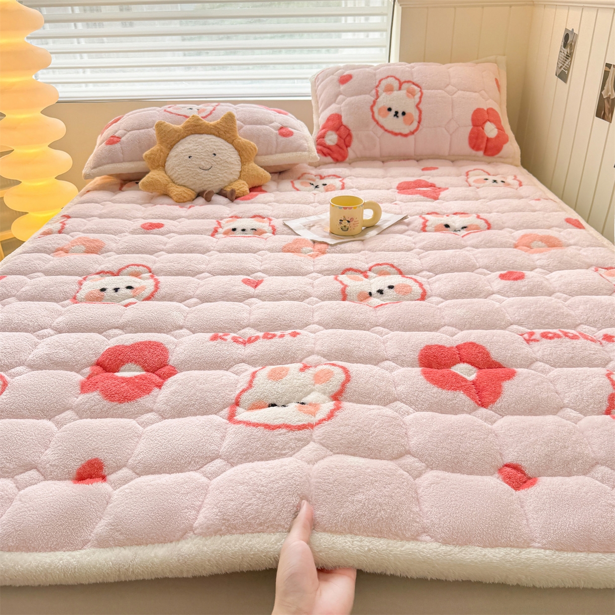 雯豆家纺 2025新款泰迪绒夹棉床褥子学生宿舍床垫床护垫子加厚卡通保护垫 泰迪绒床褥-浪漫兔