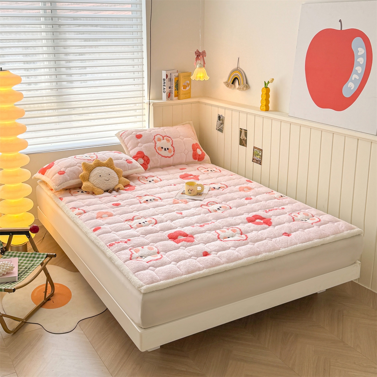 91家纺网 家纺一手货源 找家纺 雯豆家纺 2025新款泰迪绒夹棉床褥子学生宿舍床垫床护垫子加厚卡通保护垫 泰迪绒床褥-浪漫兔