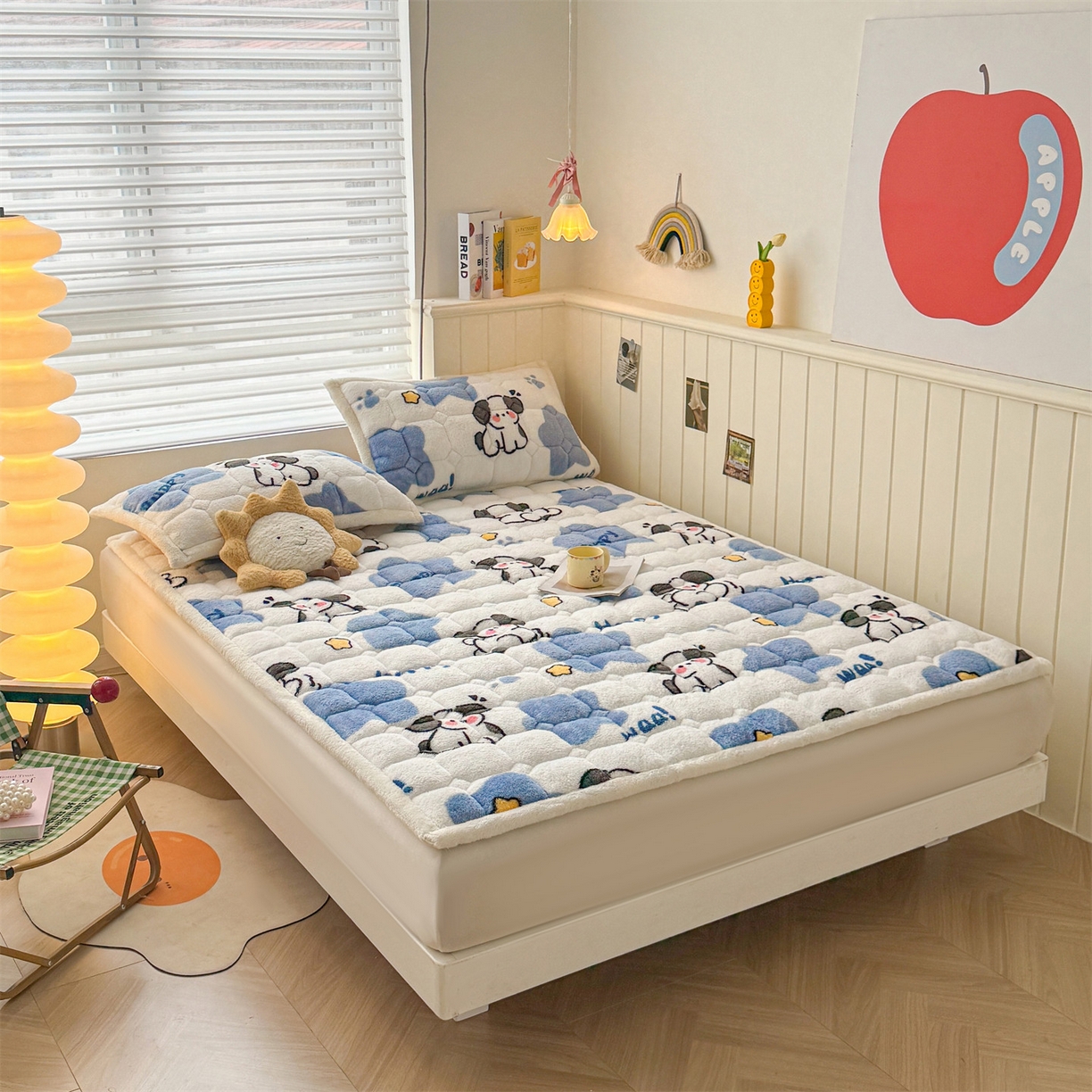 91家纺网 家纺一手货源 找家纺 雯豆家纺 2025新款泰迪绒夹棉床褥子学生宿舍床垫床护垫子加厚卡通保护垫 泰迪绒床褥-顽皮狗-兰