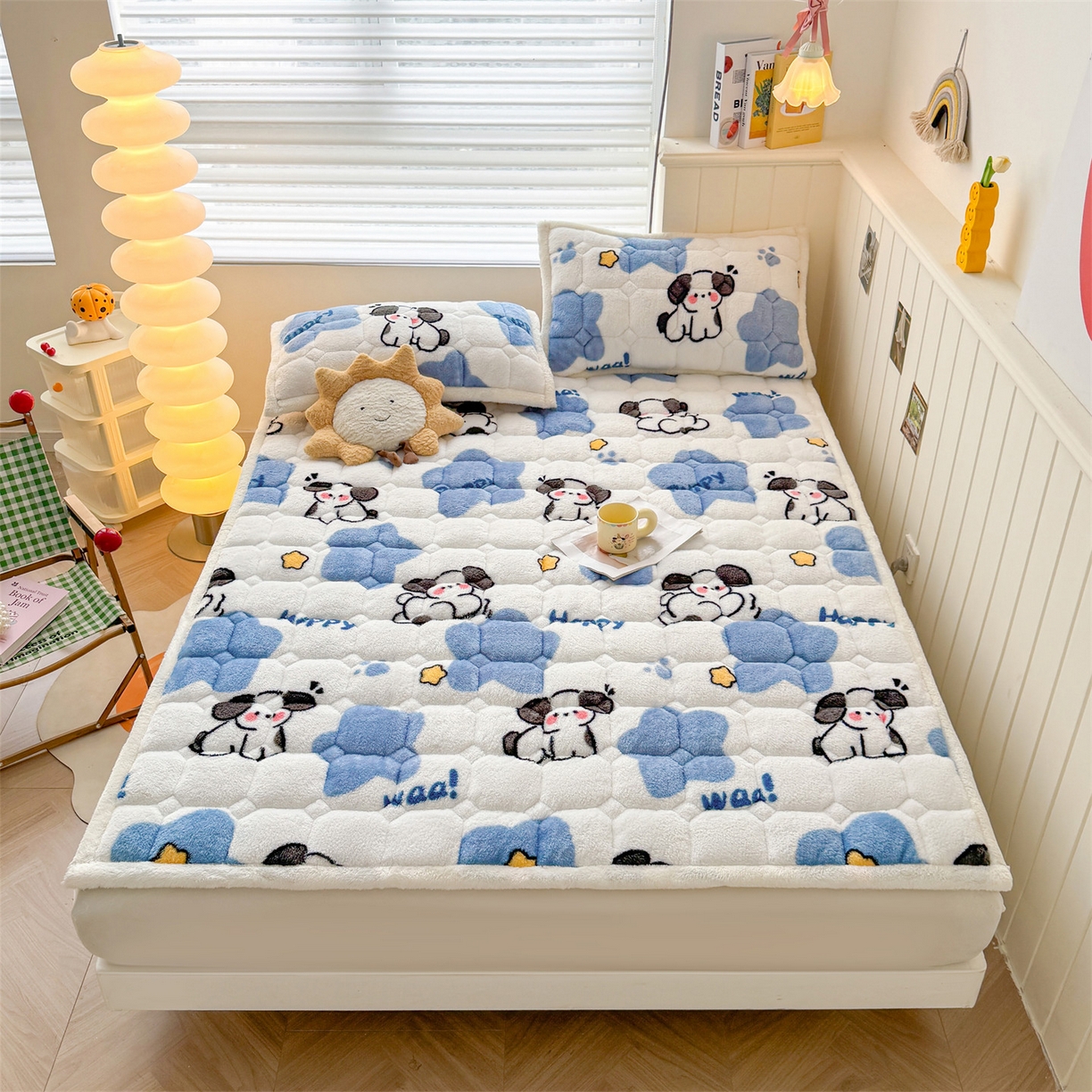 91家纺网 家纺一手货源 找家纺 雯豆家纺 2025新款泰迪绒夹棉床褥子学生宿舍床垫床护垫子加厚卡通保护垫 泰迪绒床褥-顽皮狗-兰