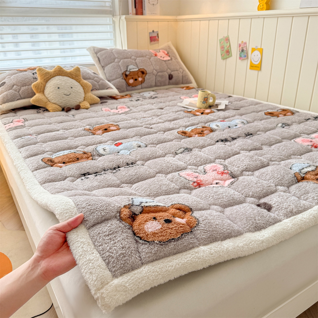 雯豆家纺 2025新款泰迪绒夹棉床褥子学生宿舍床垫床护垫子加厚卡通保护垫 泰迪绒床褥-顽皮小象