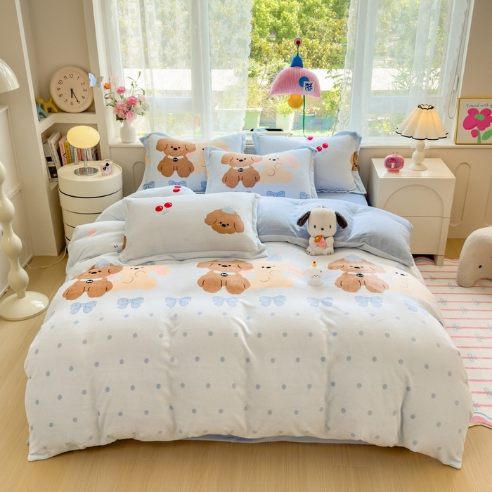 91家纺网 家纺一手货源 找家纺 丝羽坊 2025新款200克加厚小清新牛奶绒床单款 床笠款四件套 被套 宠物派对