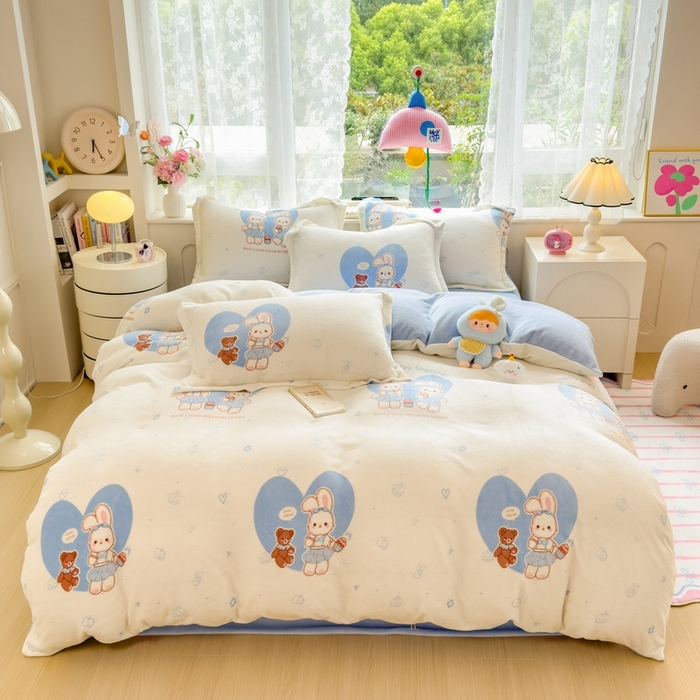 91家纺网 家纺一手货源 找家纺 丝羽坊 2025新款200克加厚小清新牛奶绒床单款 床笠款四件套 被套 安妮兔