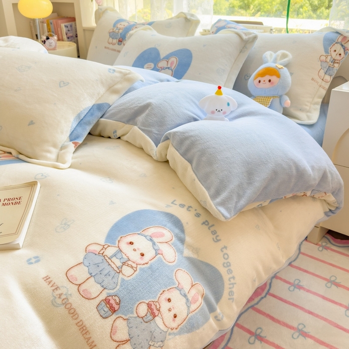 91家纺网 家纺一手货源 找家纺 丝羽坊 2025新款200克加厚小清新牛奶绒床单款 床笠款四件套 被套 安妮兔